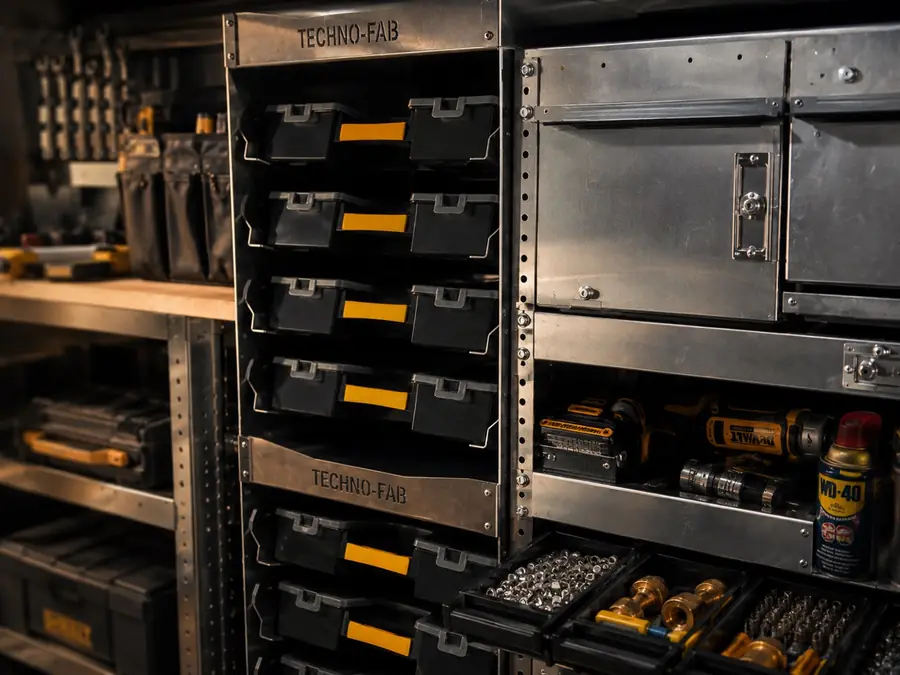 Rangement Techno-Fab en gros plan : bacs organisateurs, tiroirs de quincaillerie et outils à portée de main